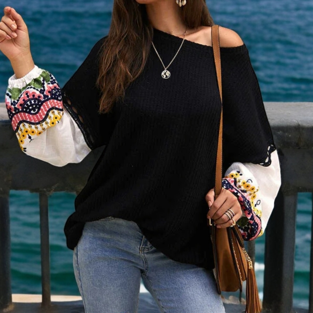 Embroidered Batwing Sleeve Sweater Floral Patchwork Waffle Knit Loose Top